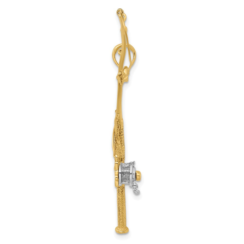 10K and White Rhodium Large 3-D Moveable Fishing Pole with Reel Pendant