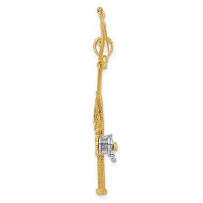 10K and White Rhodium Large 3-D Moveable Fishing Pole with Reel Pendant