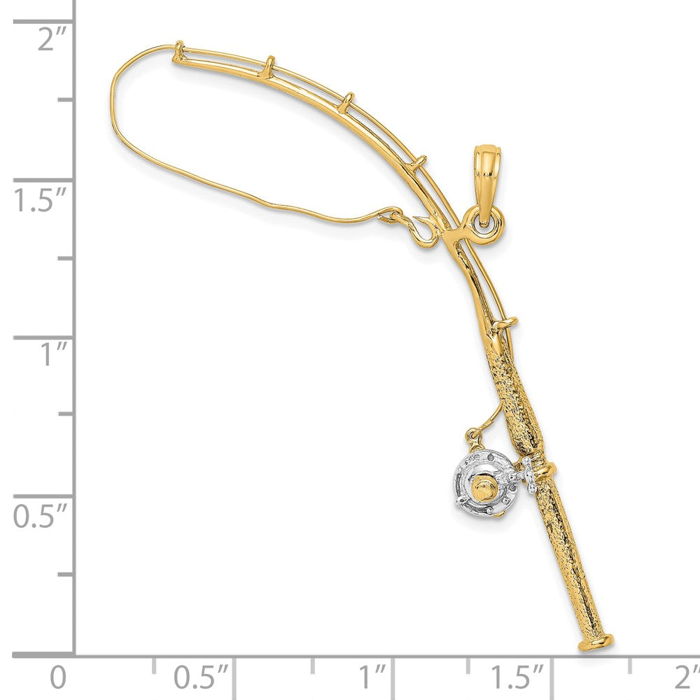 10K and White Rhodium Large 3-D Moveable Fishing Pole with Reel Pendant