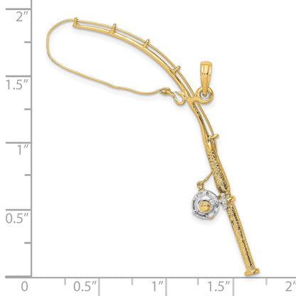 10K and White Rhodium Large 3-D Moveable Fishing Pole with Reel Pendant