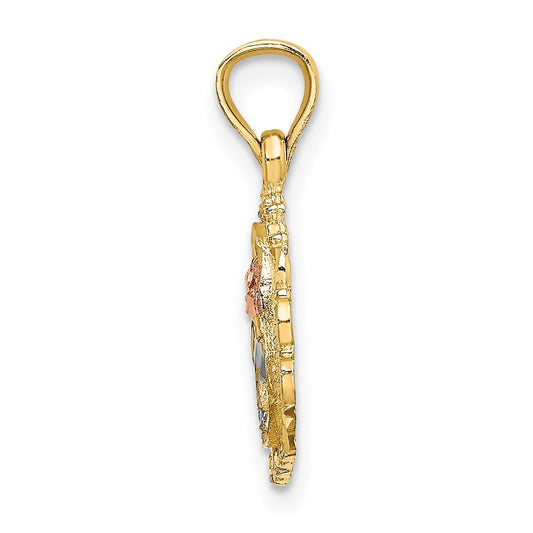 10K Two-tone with White Rhodium Rose In Oval Frame Charm
