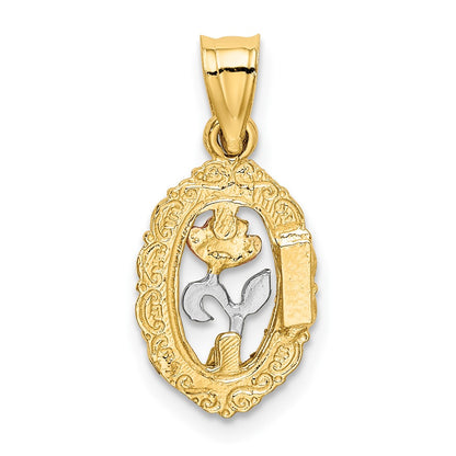 10K Two-tone with White Rhodium Rose In Oval Frame Charm