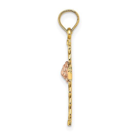 10K Two-Tone Twisted Cross with Flower Center Charm