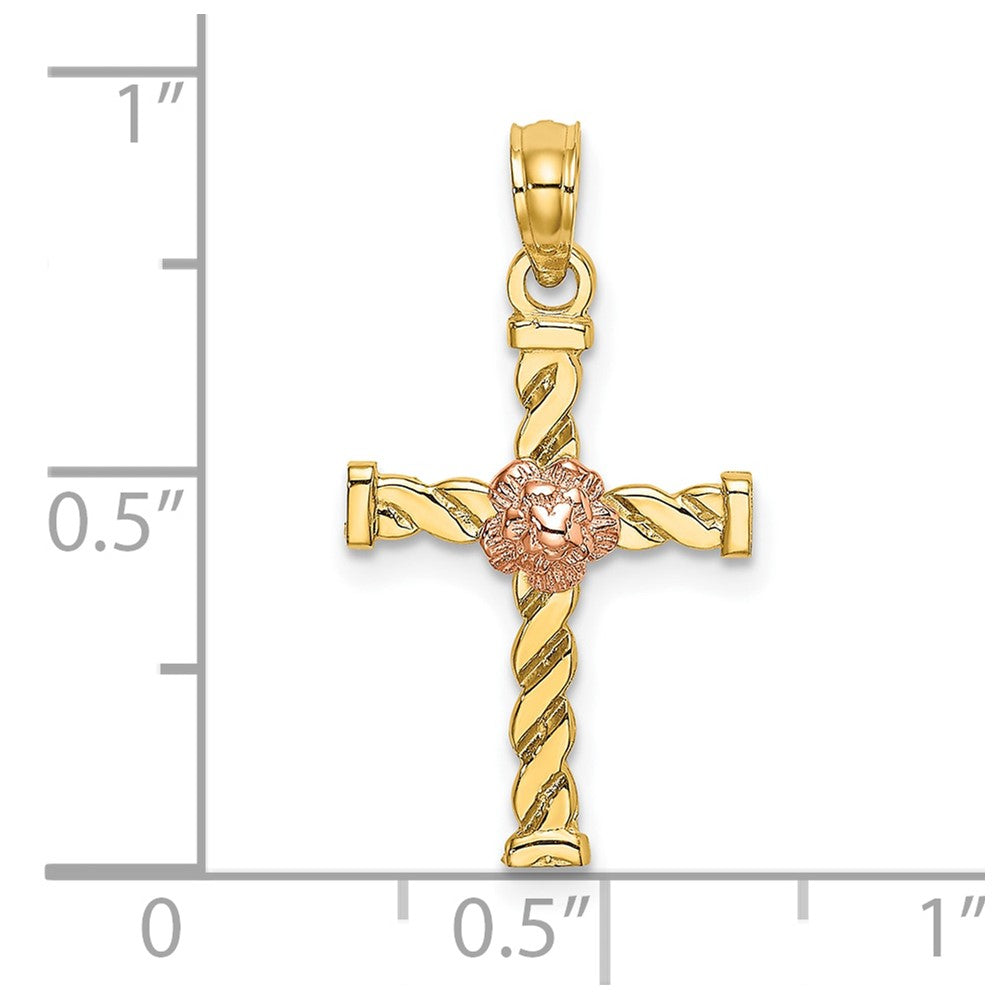 10K Two-Tone Twisted Cross w/ Flower Charm