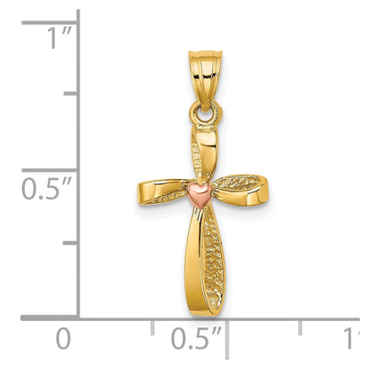 10k Two-Tone Twisted Cross with Heart Center Charm