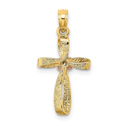 10K Two-Tone Twisted Cross with Flower Center Charm