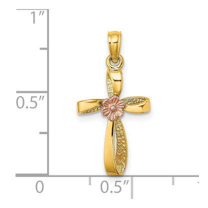 10K Two-Tone Twisted Cross with Flower Center Charm