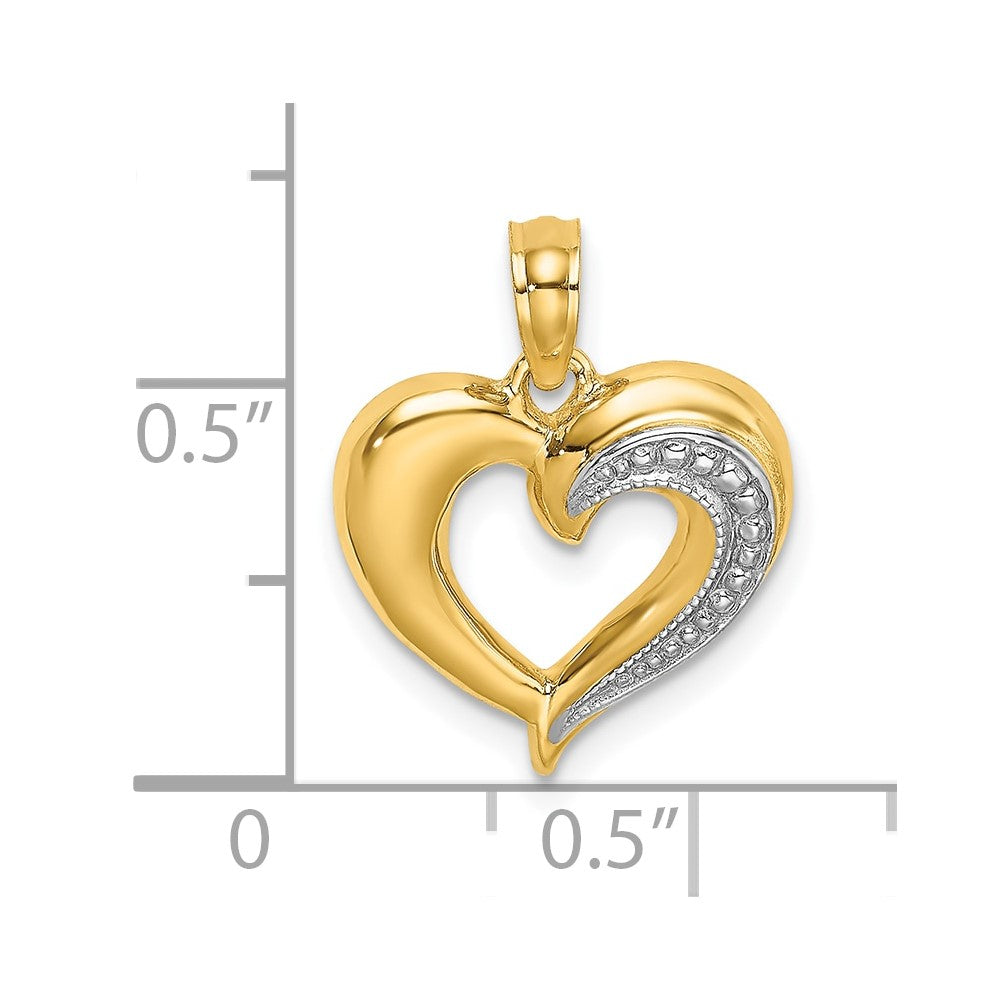 10K and White Rhodium Polished and Textured Heart Charm