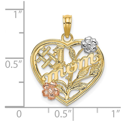 10k Two-tone and White Rhodium #1 MOM in Heart with Flower Charm