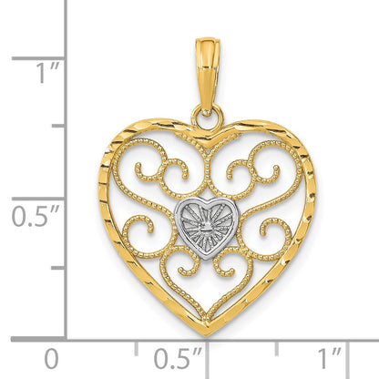 10k and White Rhodium Filigree Beaded Heart Charm