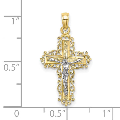 10K Two-tone Textured with Lace Trim Crucifix Charm