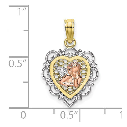 10K Two-tone and White Rhodium Small Angel In Scalloped Heart Charm