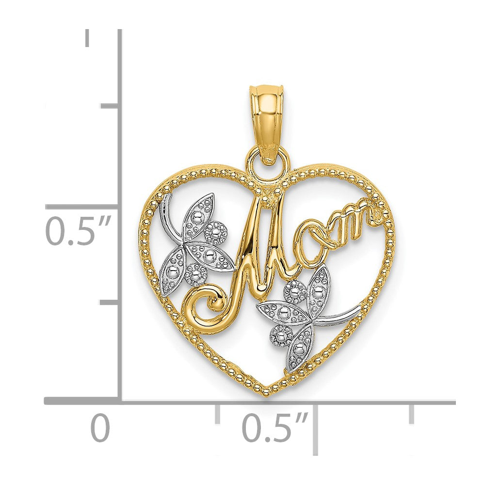 10K and White Rhodium Beaded Frame MOM in Heart Charm