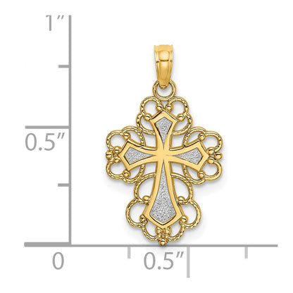 10K and White Rhodium Beaded Lace Trim Cross Charm