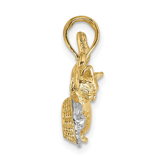 10K and White Rhodium Cat Playing with Yarn In Basket Charm