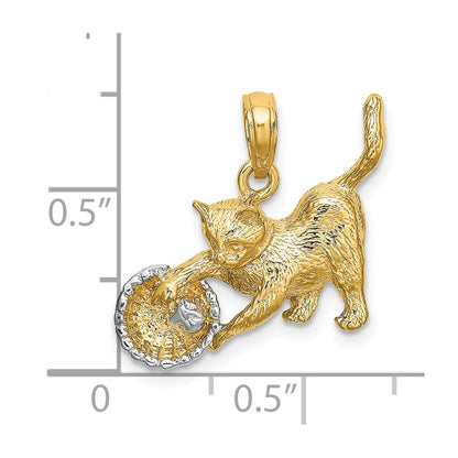 10K and White Rhodium Cat Playing with Yarn In Basket Charm