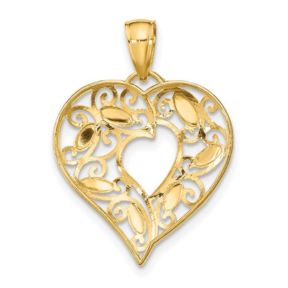 10K and White Rhodium Diamond-cut Filigree Heart Charm