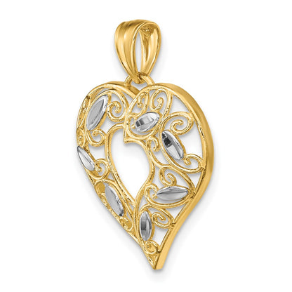 10K and White Rhodium Diamond-cut Filigree Heart Charm