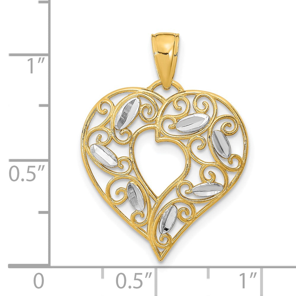 10K and White Rhodium Diamond-cut Filigree Heart Charm