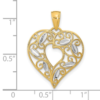 10K and White Rhodium Diamond-cut Filigree Heart Charm