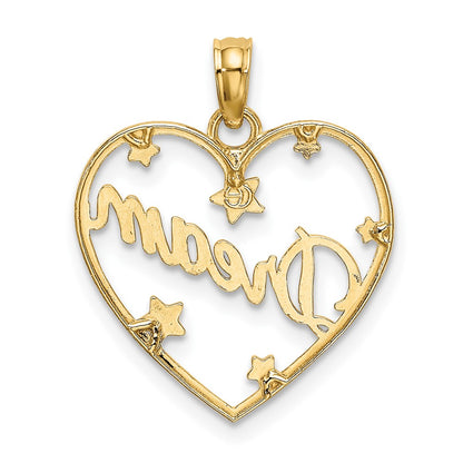10K and White Rhodium DREAM In Heart with Diamond-cut Star Accents Charm