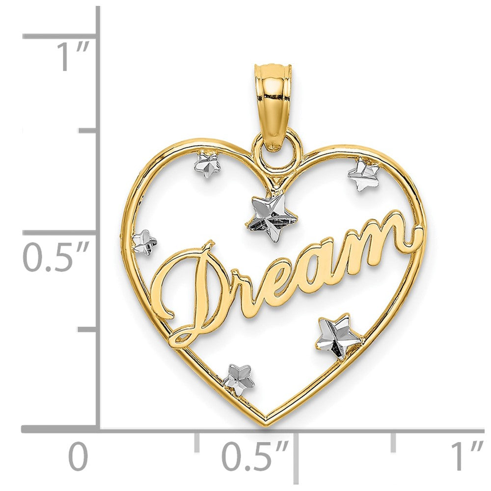 10K and White Rhodium DREAM In Heart with Diamond-cut Star Accents Charm