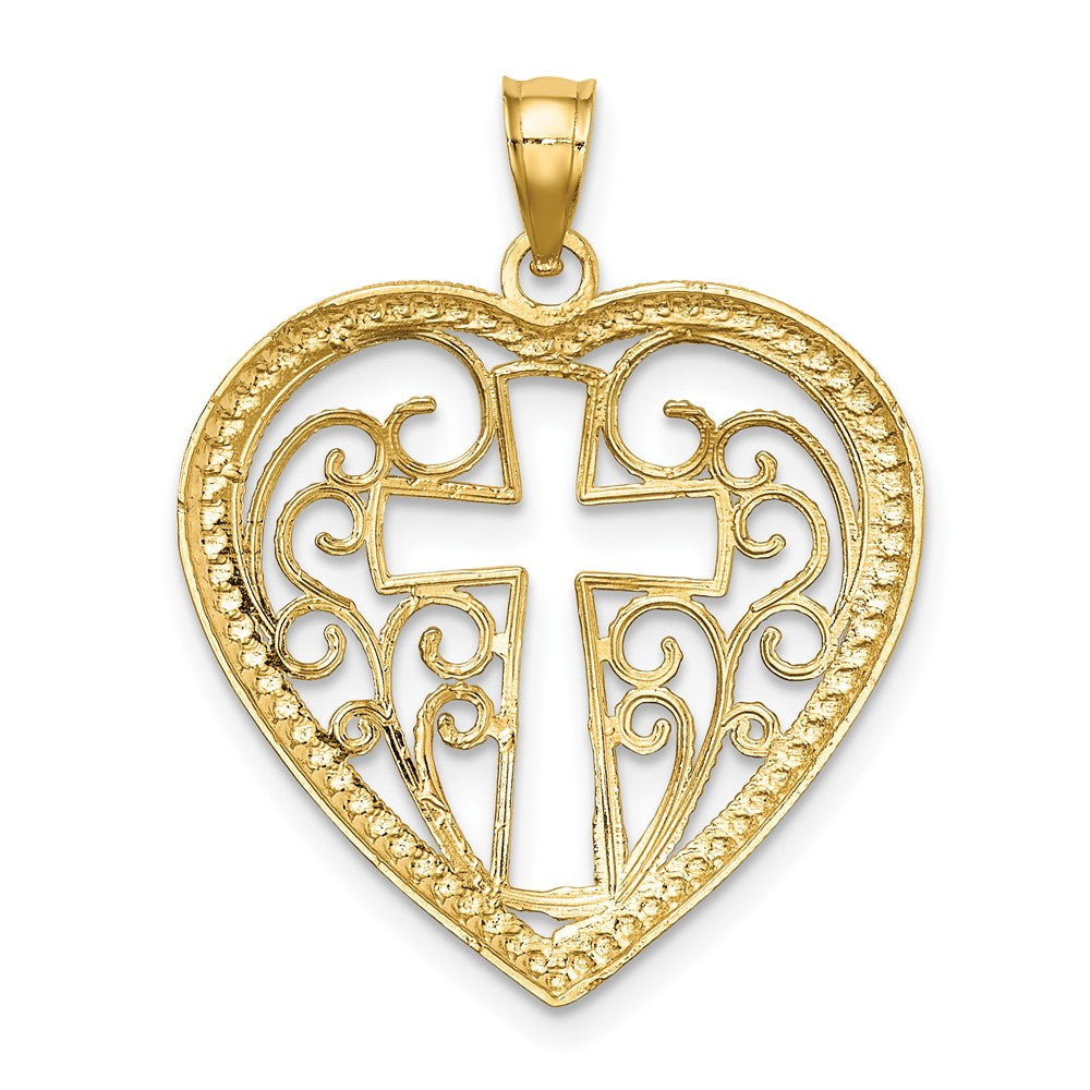 10K and White Rhodium Cut-Out Cross in Beaded Filigree Heart Charm