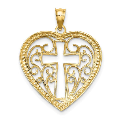 10K and White Rhodium Cut-Out Cross in Beaded Filigree Heart Charm