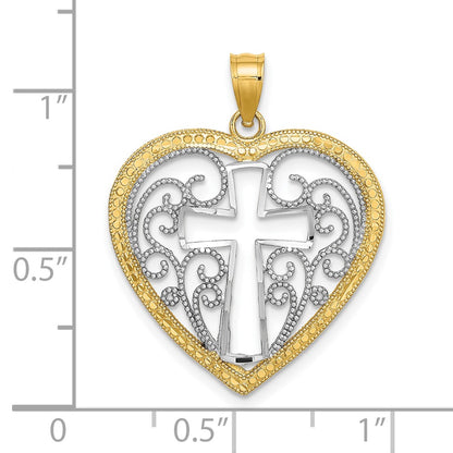 10K and White Rhodium Cut-Out Cross in Beaded Filigree Heart Charm