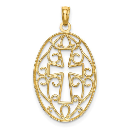10K and White Rhodium Beaded Filigree Cross in Oval Charm