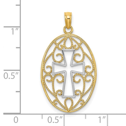 10K and White Rhodium Beaded Filigree Cross in Oval Charm