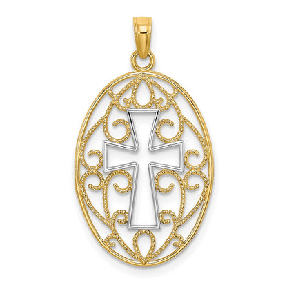 10K and White Rhodium Beaded Filigree Cross in Oval Charm