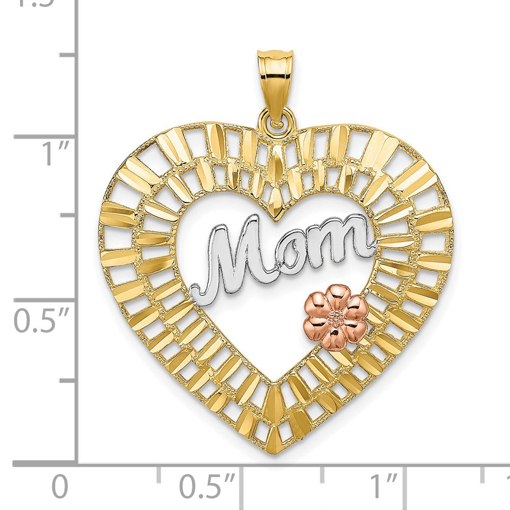 10k Two-tone and White Rhodium Diamond-cut MOM in Heart Pendant