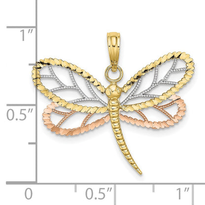 10k Tri-Color Dragonfly with Beaded Diamond-cut Wings Charm