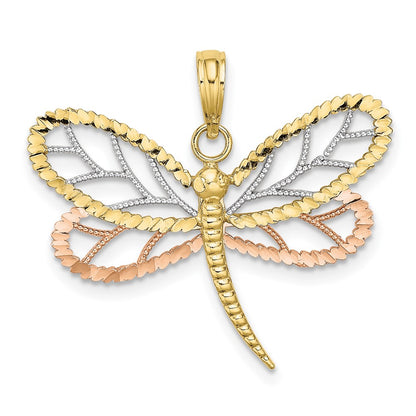 10k Tri-Color Dragonfly with Beaded Diamond-cut Wings Charm