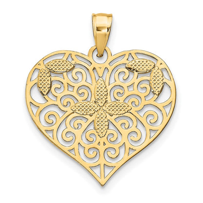 10k and White Rhodium Cut-Out Filigree Flower and Heart Charm