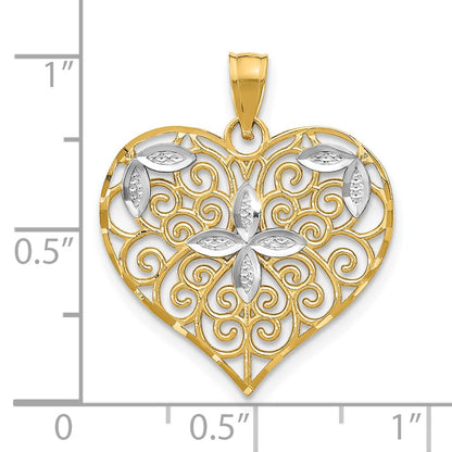 10k and White Rhodium Cut-Out Filigree Flower and Heart Charm