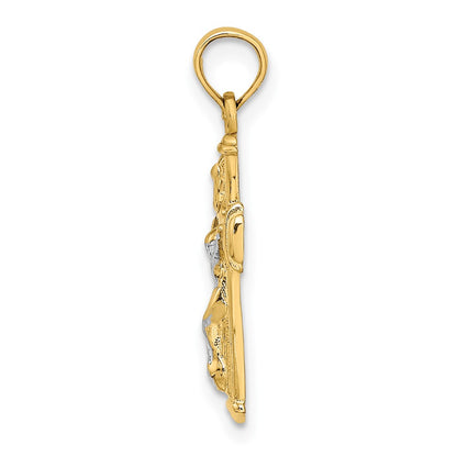 10K and White Rhodium Polished Block Crucifix INRI Charm
