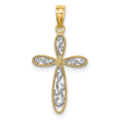 10K with White Rhodium Filigree and Milgrain Cross Charm