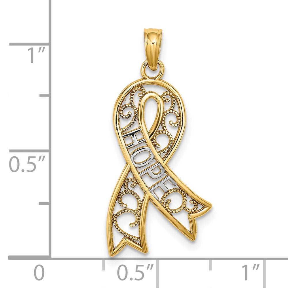 10K and White Rhodium HOPE Filigree Awareness Ribbon Charm