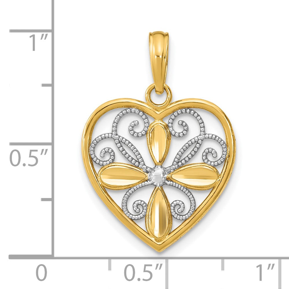 10K and White Rhodium Beaded Filigree Fashion Heart Charm