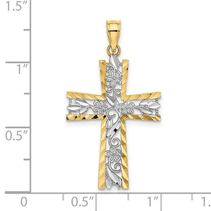 10K and White Rhodium Diamond-cut Flower Design Cross Charm
