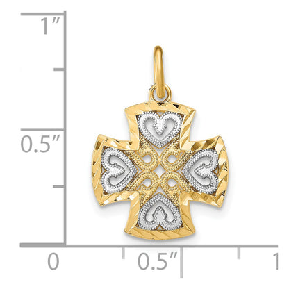 10K and White Rhodium Hearts Diamond-cut Maltese Cross Charm