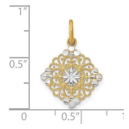 10K and White Rhodium Diamond-cut Filigree Medallion Charm