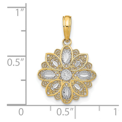 10K and White Rhodium Diamond-cut  Filigree Flower Charm