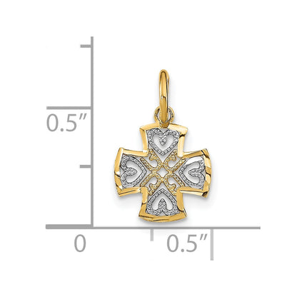10K and White Rhodium and Diamond-cut Hearts In Cross Charm
