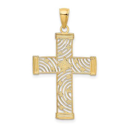 10K and White Rhodium Diamond-cut and Cut-Out Cross Charm