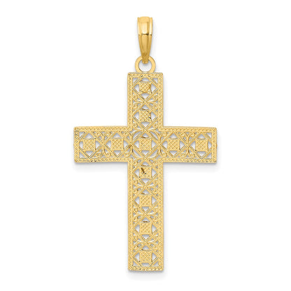 10K and White Rhodium Diamond-cut and Cut-Out Cross Charm