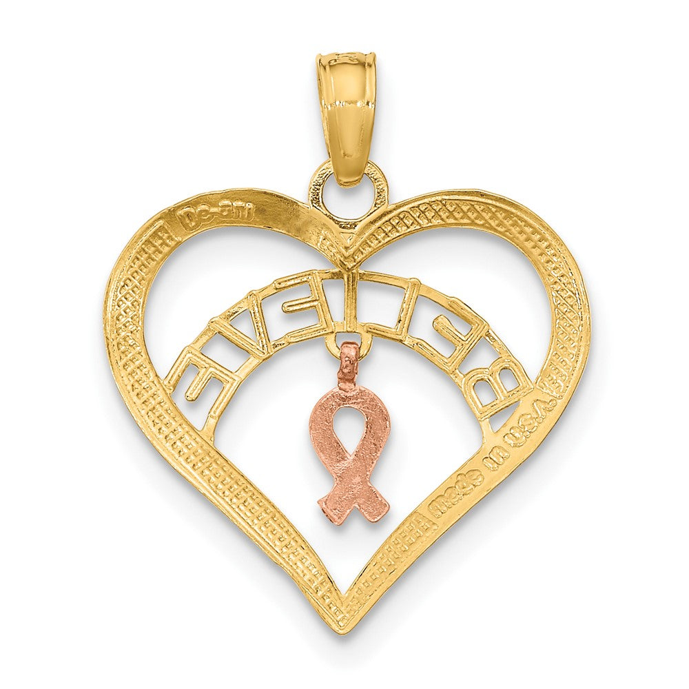 10k Two-tone with White Rhodium BELIEVE in Heart with Awareness Ribbon Pendant