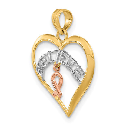 10k Two-tone with White Rhodium BELIEVE in Heart with Awareness Ribbon Pendant